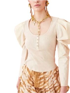 Ulla Johnson Puffed Sleeve Joanne Top Ribbed Jersey Poplin in Oatmeal Size M